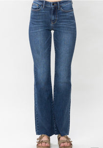 Mid Rise Harsh Contrast Wash & Cut Hem Bootcut