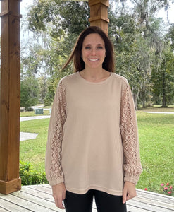 Lace Sleeve Waffle Knit Top